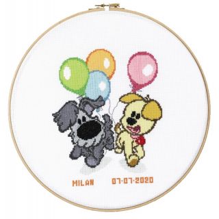 Geboortetegel Woezel & Pip kids met ballonnen borduurpakket - Pako